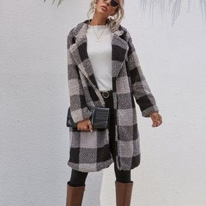 buffalo plaid black grey teddy trench coat jacket